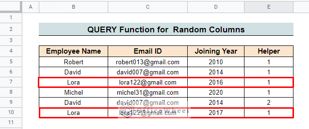 query function for random columns to filter and remove duplicates